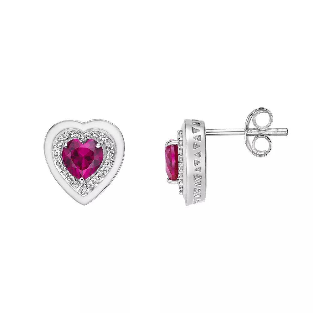 Gemminded Lab-Created Ruby & Lab-Created White Sapphire Heart Stud Earrings, Women's, Sterling Product Image