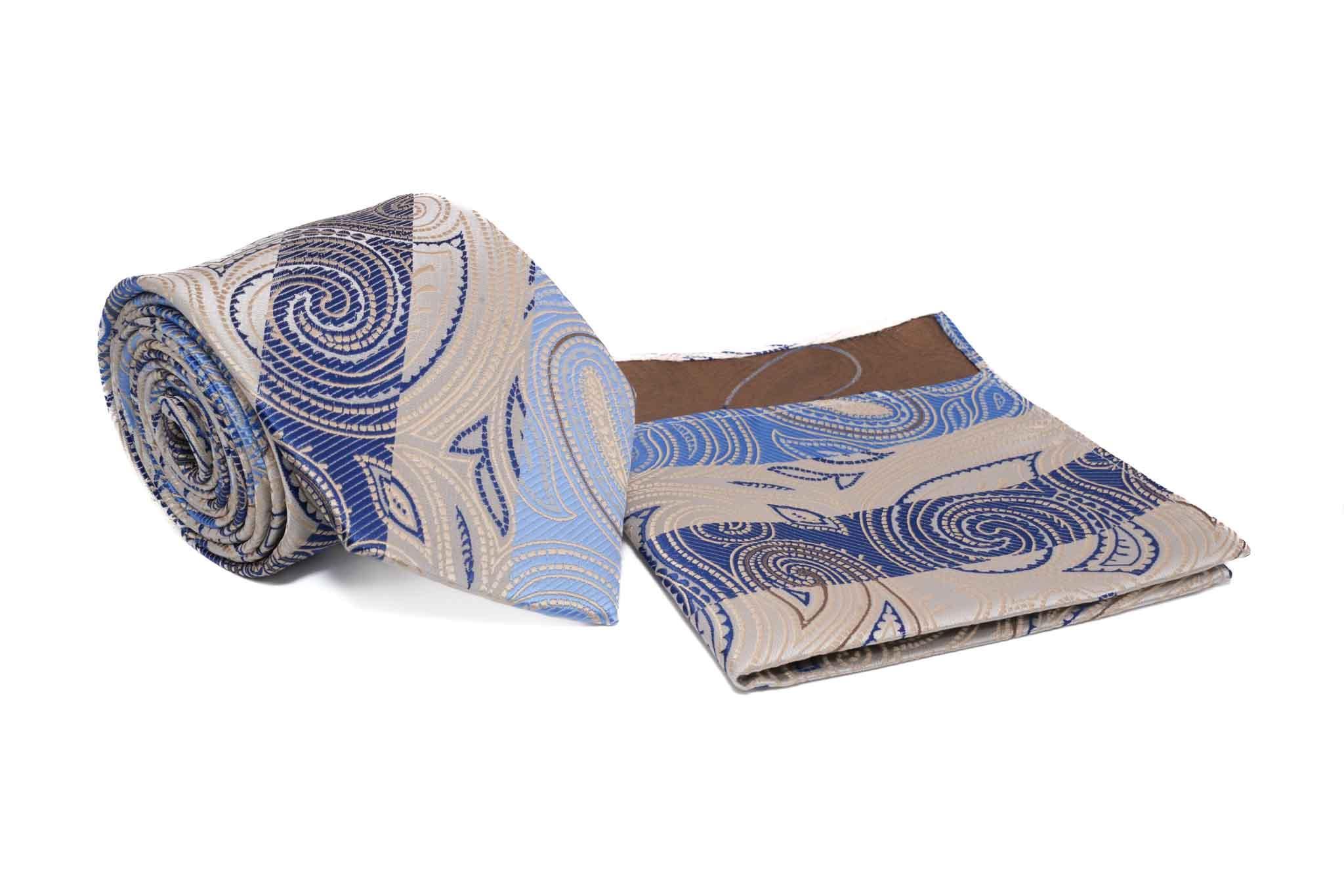 Blue Ivory Paisley Pattern Stripe Men's Tie and Pocket Square Set Male Product Image