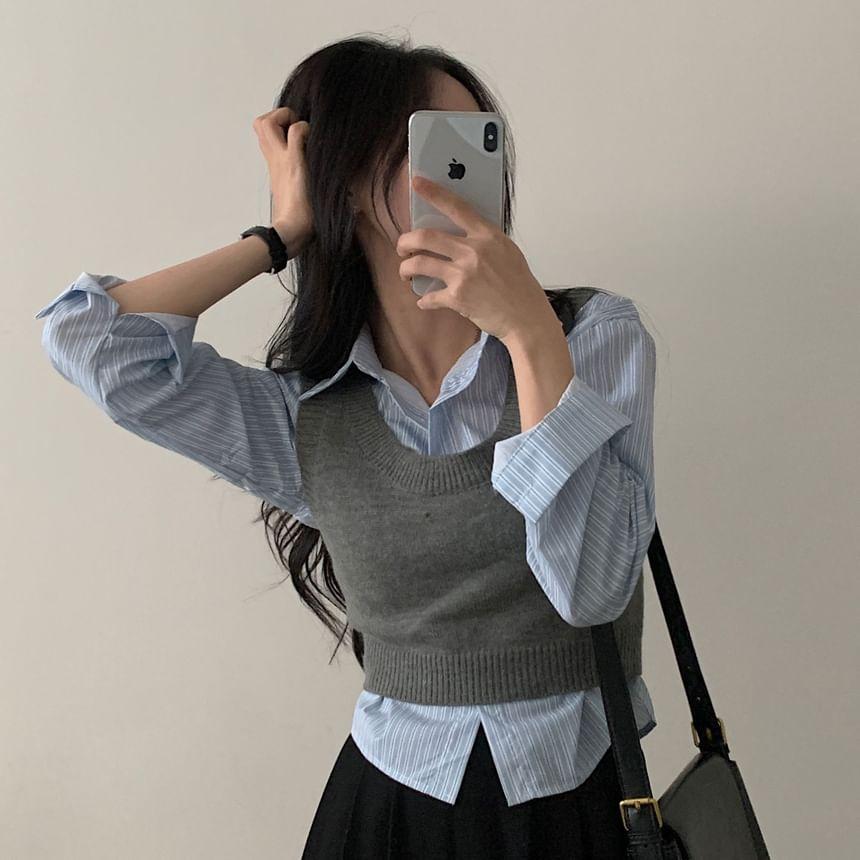 Striped Shirt / Plain Cropped Sweater Vest Product Image