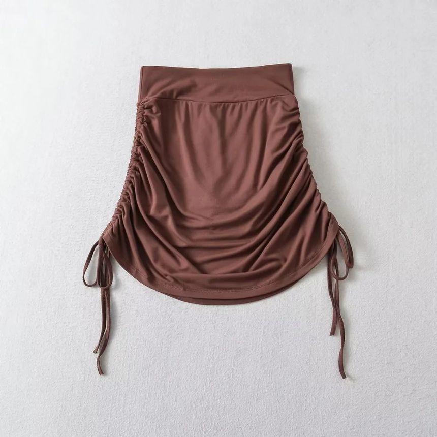 High Waist Plain Side-Drawstring Mini Skirt Product Image