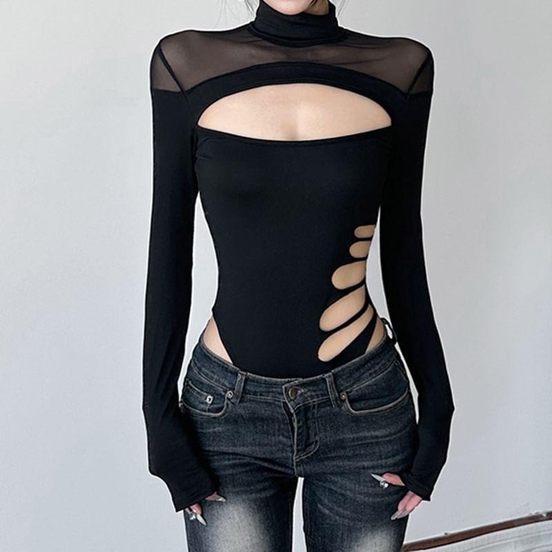 Long-Sleeve High Neck Paneled Mesh Panel Bodysuit Top Product Image