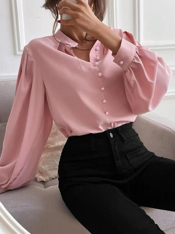Loose Puff Sleeves Pleated Solid Color Split-Joint Stand Collar Blouses Product Image