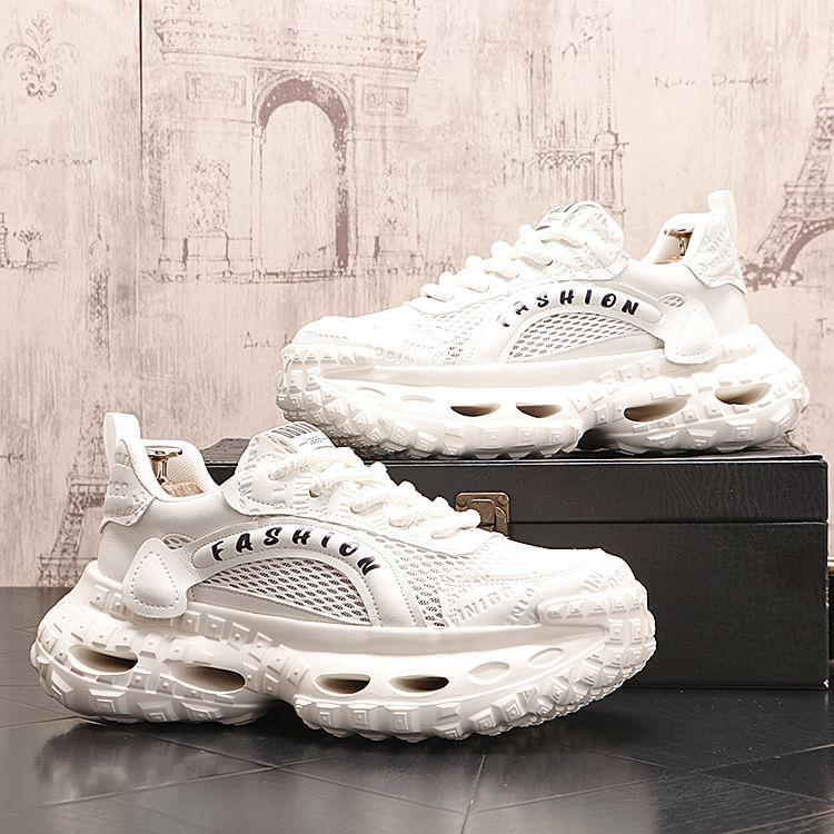 Platform Lettering Debossed Mesh Panel Lace-Up Sneakers Product Image