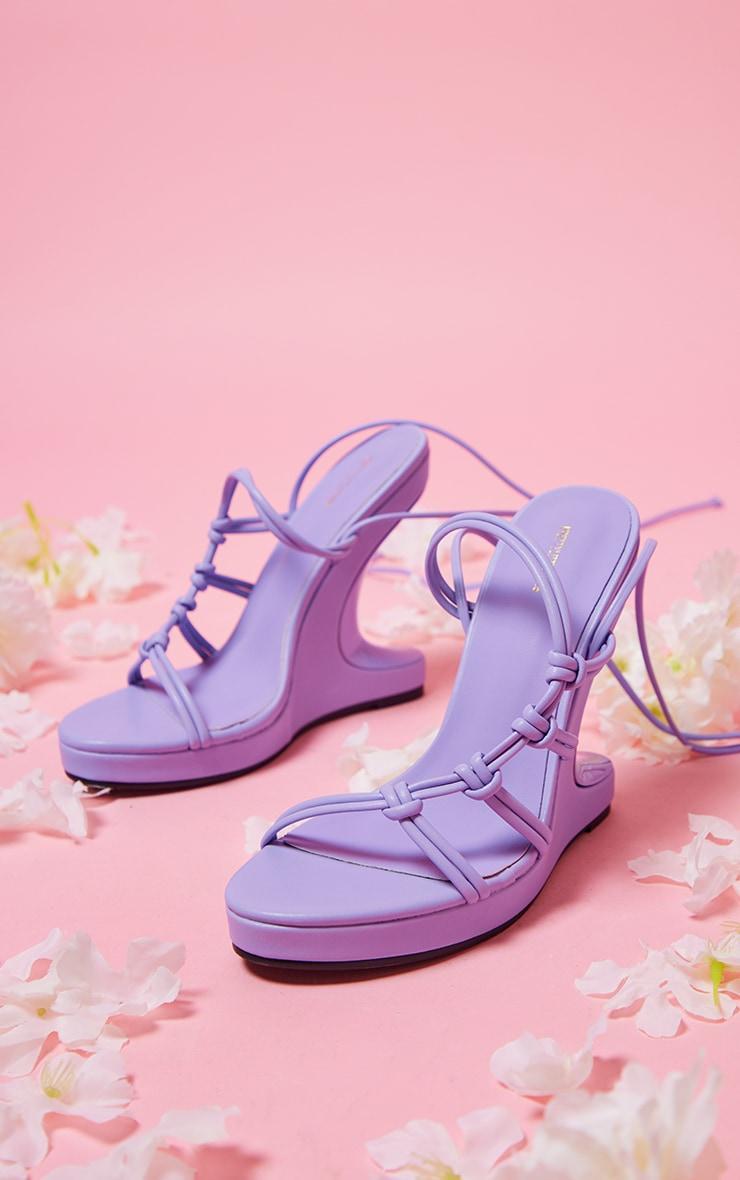 Purple PU Curved Knot Lace Up Reverse Wedge Heeled Sandals Product Image