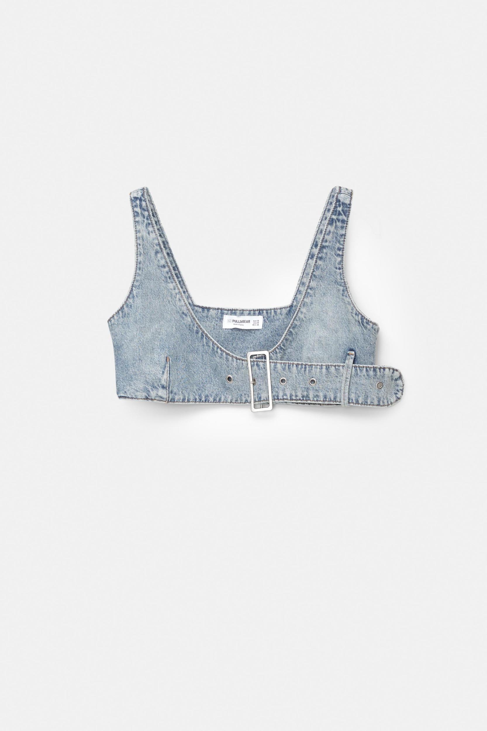 Denim crop top with buckle Product Image