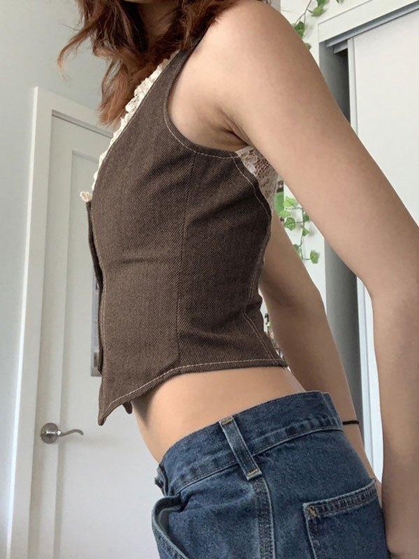 Patchwork Lace Button Down Corset Top Product Image