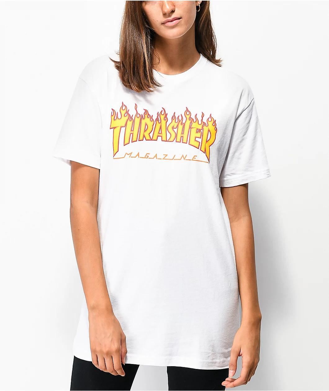 Thrasher Flame Logo Boyfriend Fit White T-Shirt Product Image