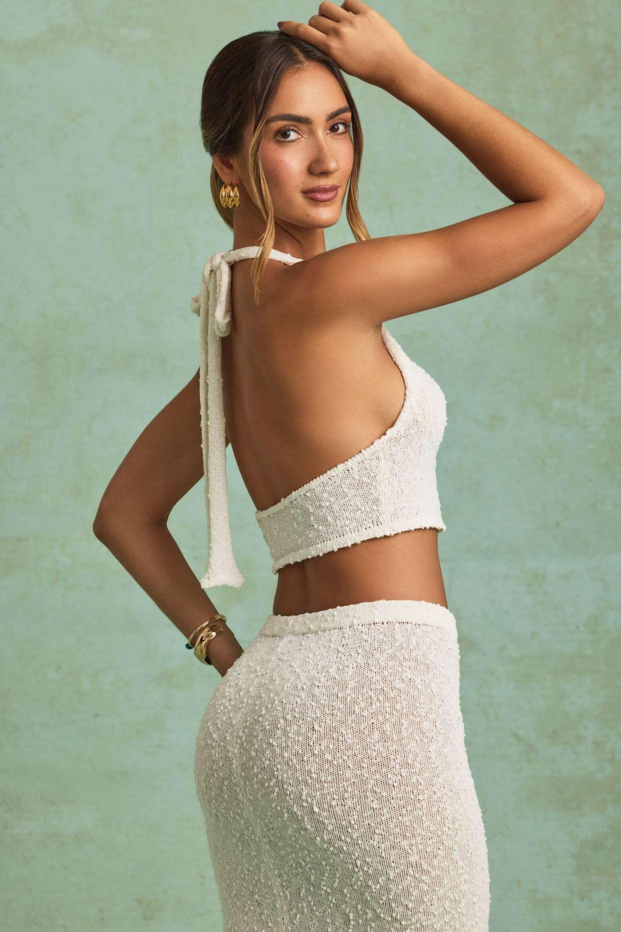 Bouclé Halterneck Crop Top in White Product Image
