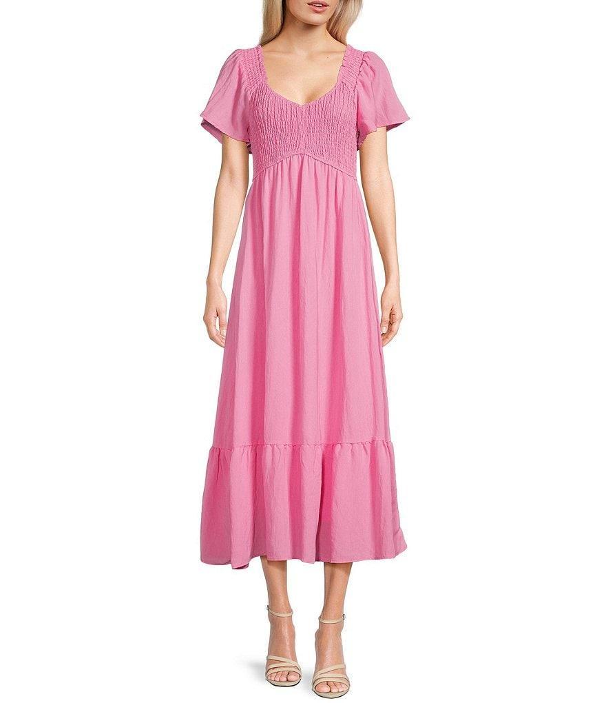 Blu Pepper Flutter Sleeve Smocked V-Neck Midi Dress Product Image