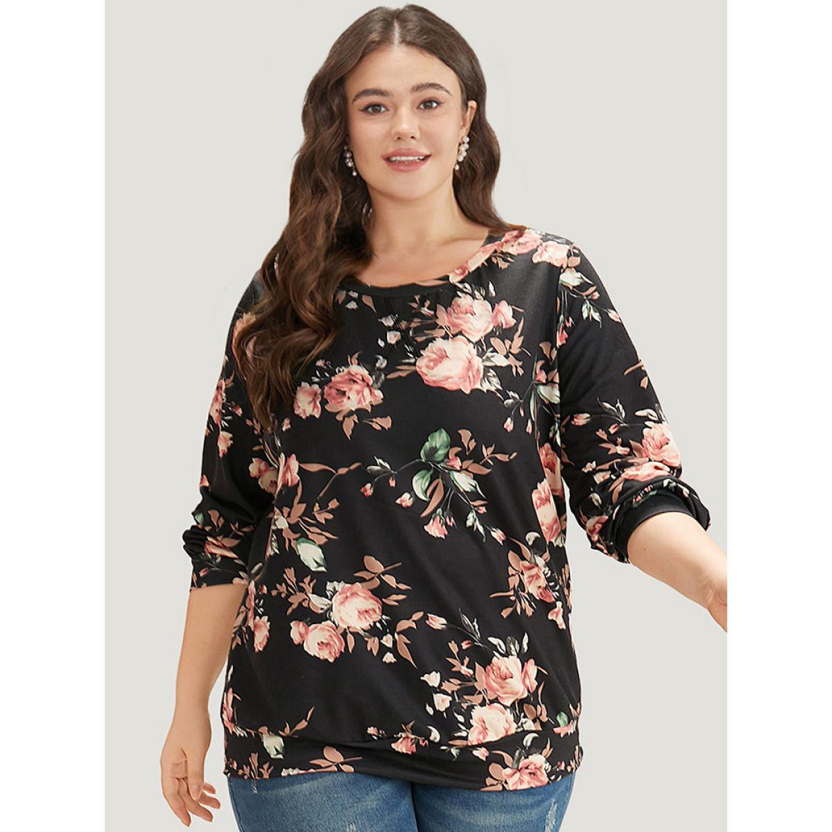 Plus Size Floral Print Round Neck Sweatshirt Women Multicolor Casual Elastic cuffs Round Neck Dailywear Sweatshirts BloomChic 10/M Product Image