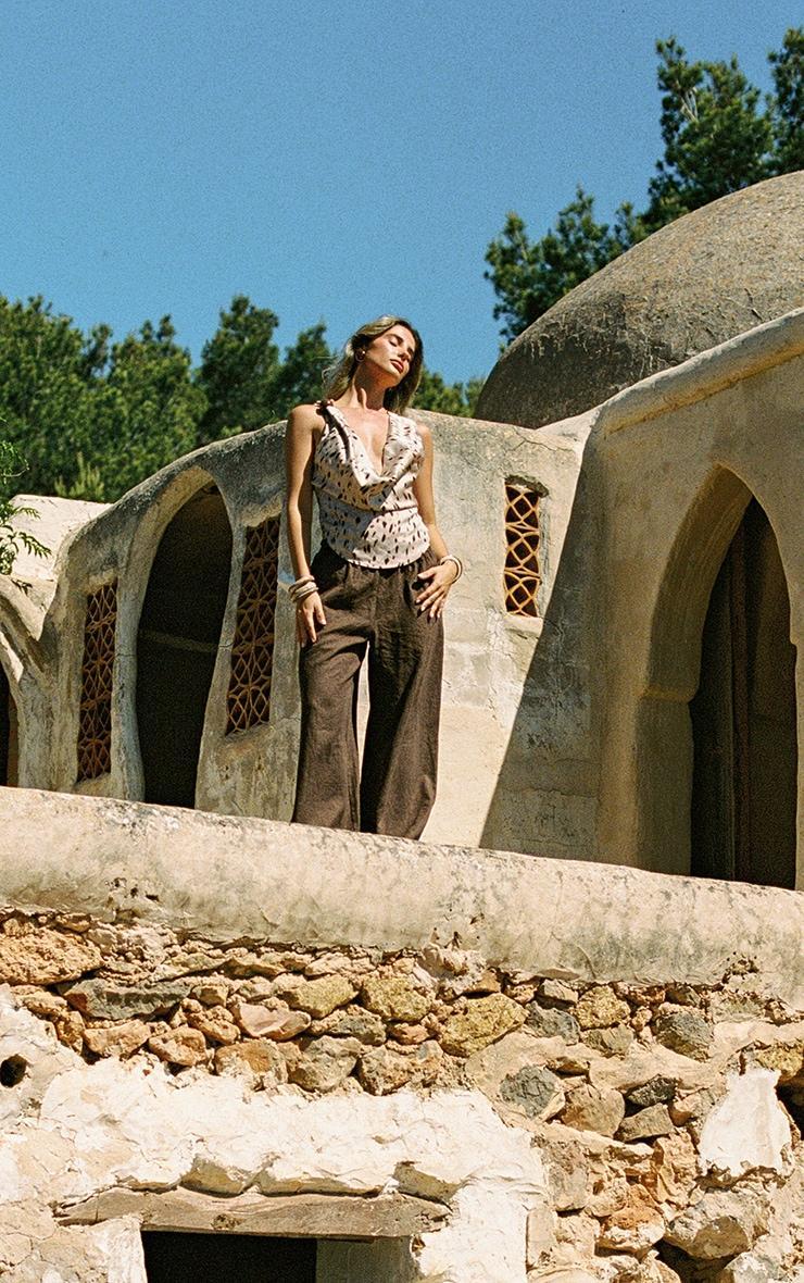 Beige Printed Satin Trim Detail Cowl Neck Top Product Image