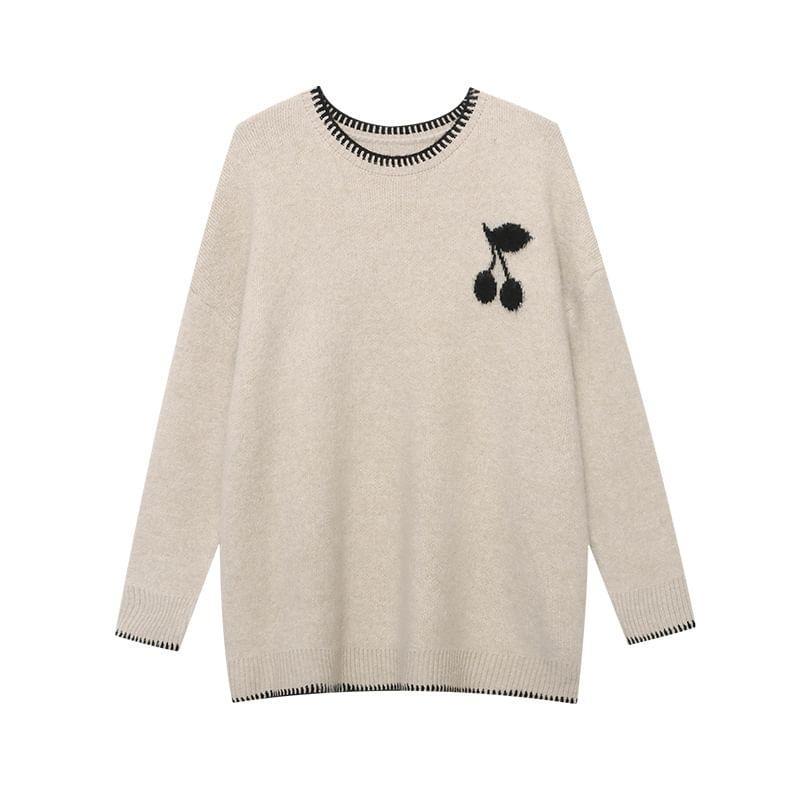 Long Sleeve Cherry Embroidered Loose-Fit Sweater Product Image