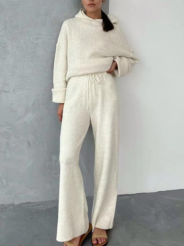 Loose Solid Color Round-Neck Hooded Long Sleeves Sweater Top + Drawstring Pants Bottom Two Pieces Set Product Image
