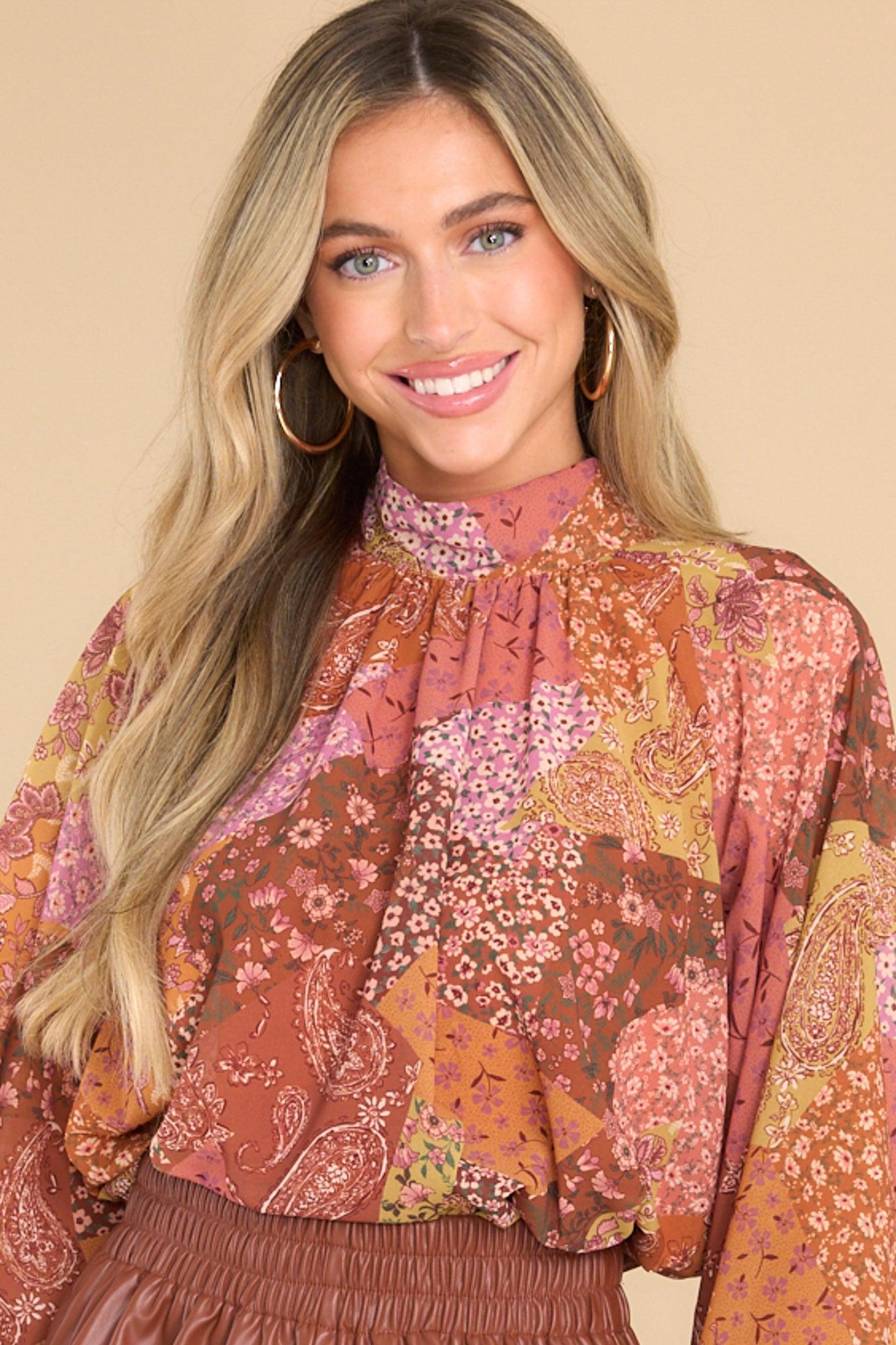 Aura Too Good To Be True Brown Multi Print Top Orange Product Image