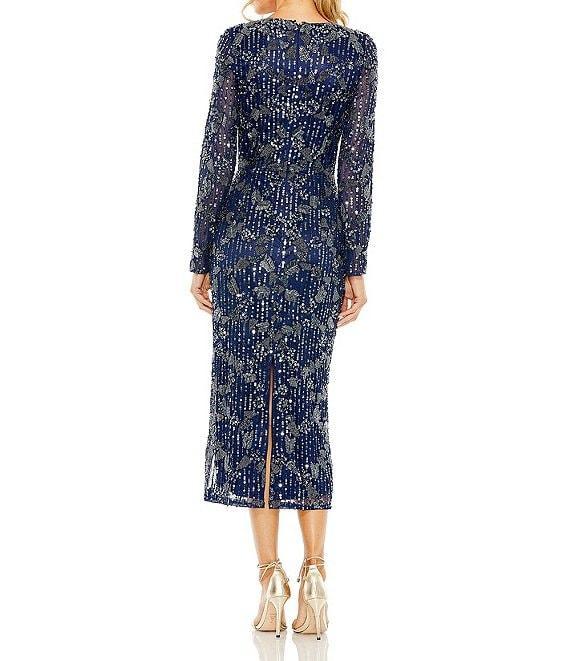 Mac Duggal Long Sleeve Crew Neck Embellished Midi Dress Product Image