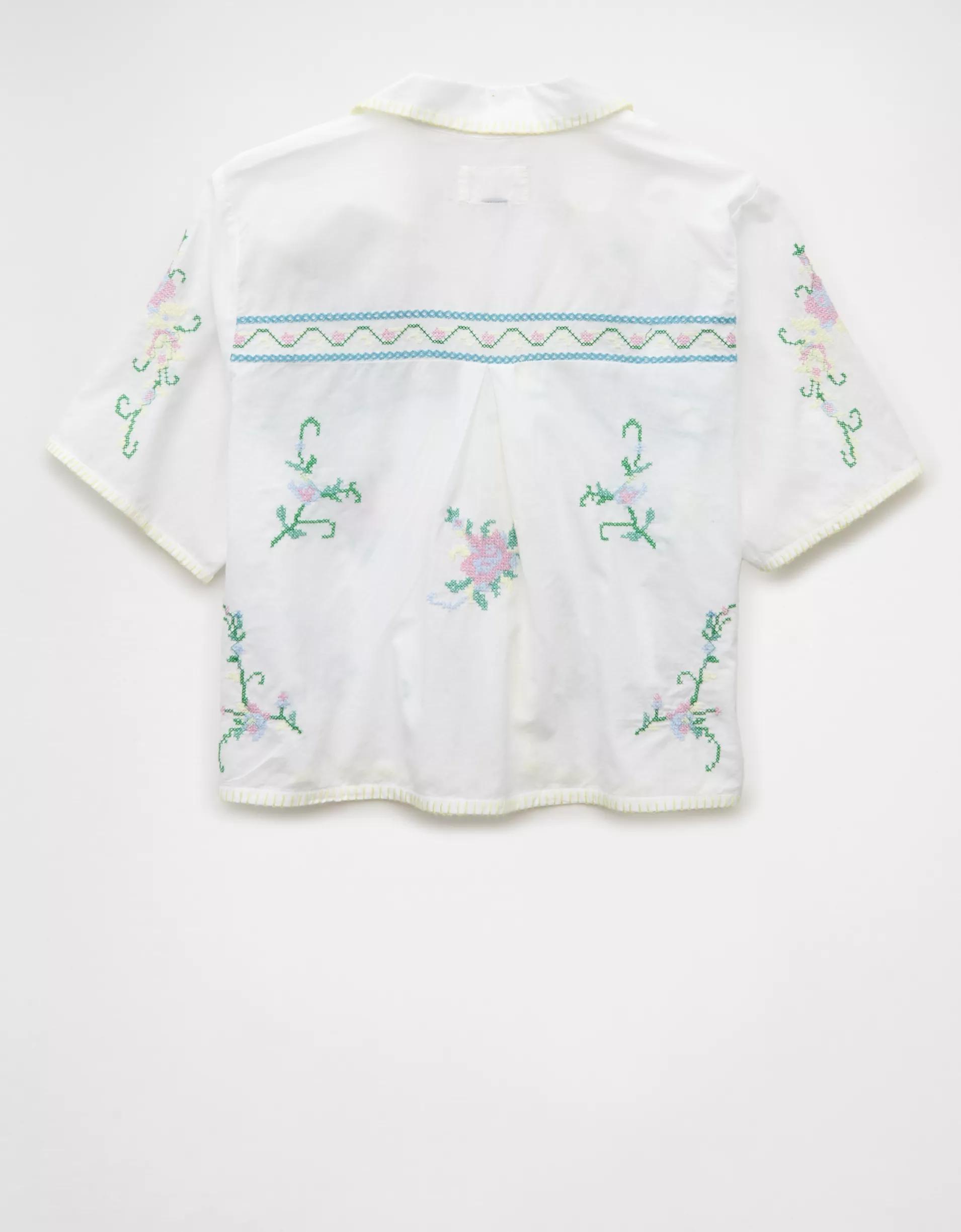 AE Collared Tie Front Embroidered Shirt Product Image