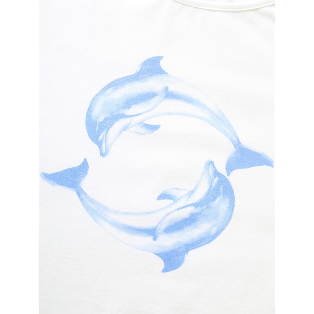 Plus Size Crew Neck Dolphin Print Arc Hem T-shirt Originalwhite Women Resort Contrast Marine Round Neck Vacation T-shirts BloomChic 18-20/2X Product Image
