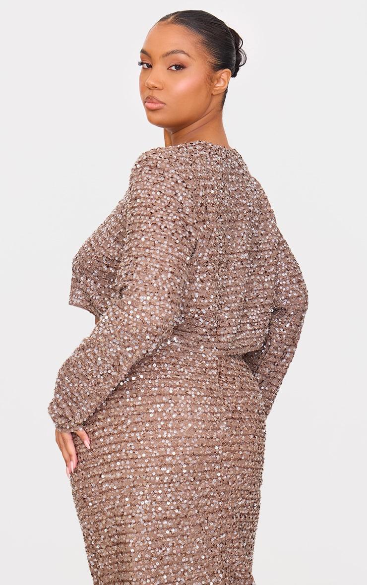 Plus Mocha Sequin Long Sleeve Button Up Crop Top Product Image