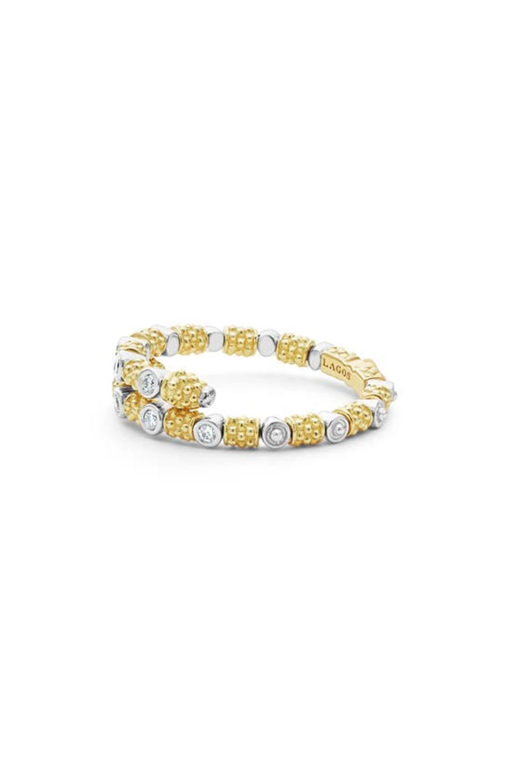 LAGOS 18k White & Yellow Gold Signature Caviar Diamond Coil Ring Product Image