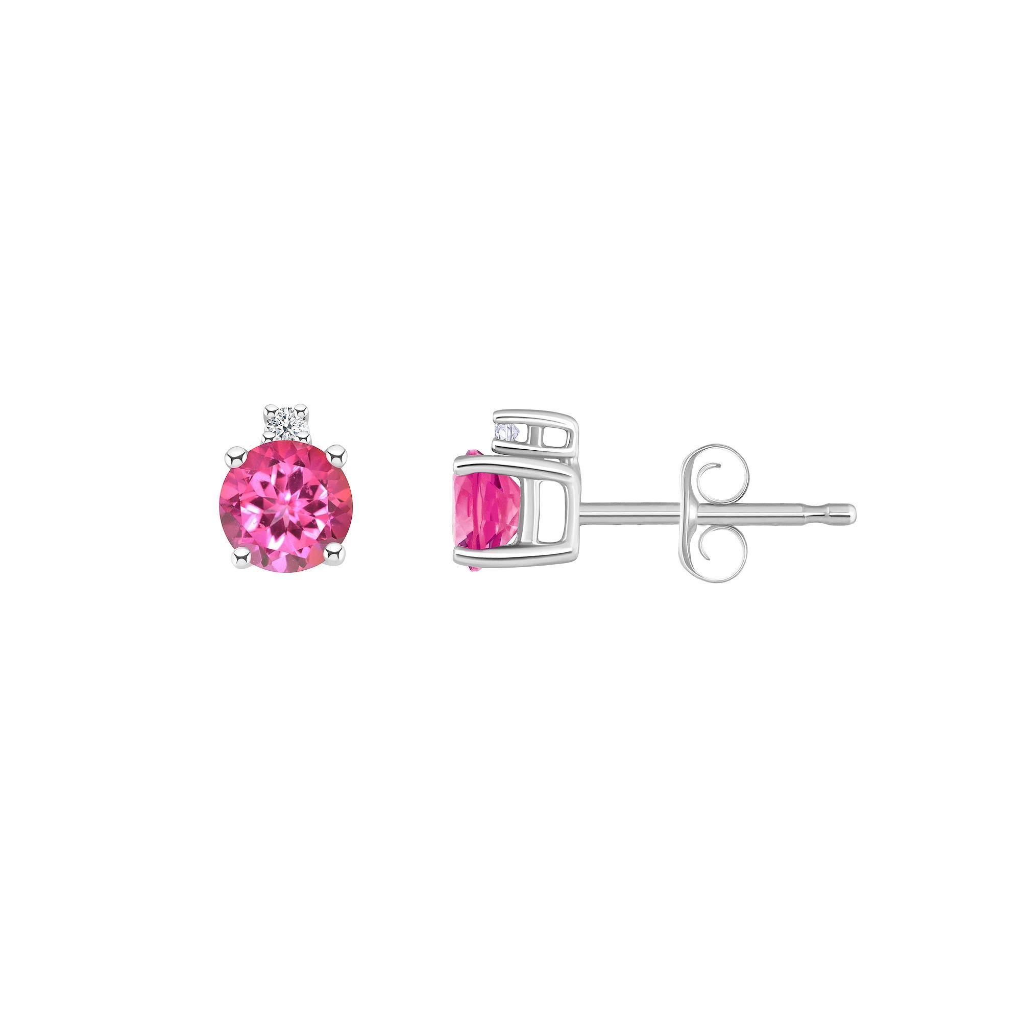 14k White Gold 4 mm Round Birthstone & 1/10 Carat T.W. Diamond Stud Earrings, Women's, Pink Topaz Jun Product Image