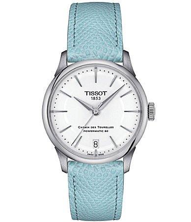 Tissot Womens Chemin Des Tourelles Powermatic 80 Automatic Light Blue Leather Strap Watch Product Image