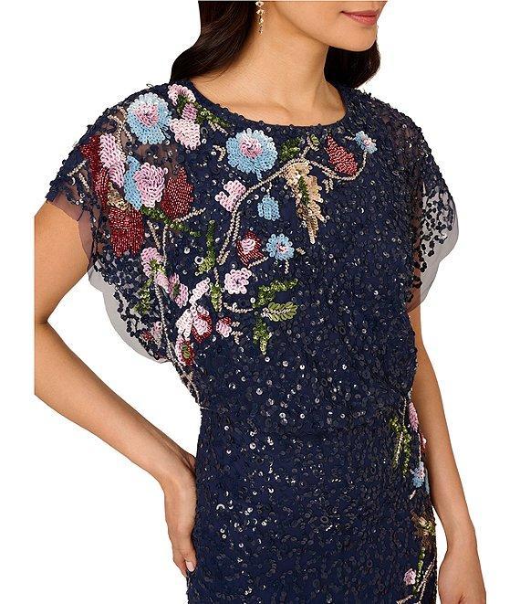 Adrianna Papell Petite Size Beaded Sequin Mesh Floral Mermaid Boat Neck Short Dolman Sleeve Gown Product Image