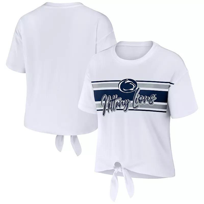 Women's WEAR by Erin Andrews White Penn State Nittany Lions Striped Front Knot Cropped T-Shirt, Size: 2XL Product Image