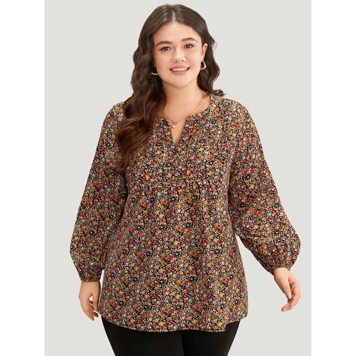 Plus Size Multicolor Ditsy Floral Notched Frill Trim Blouse Women Elegant Long Sleeve Notched collar Dailywear Blouses BloomChic 22-24/3X Product Image
