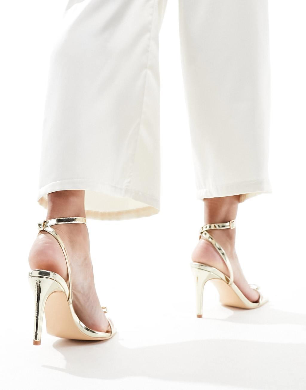 Glamorous bow barely there heeled sandals in gold Product Image