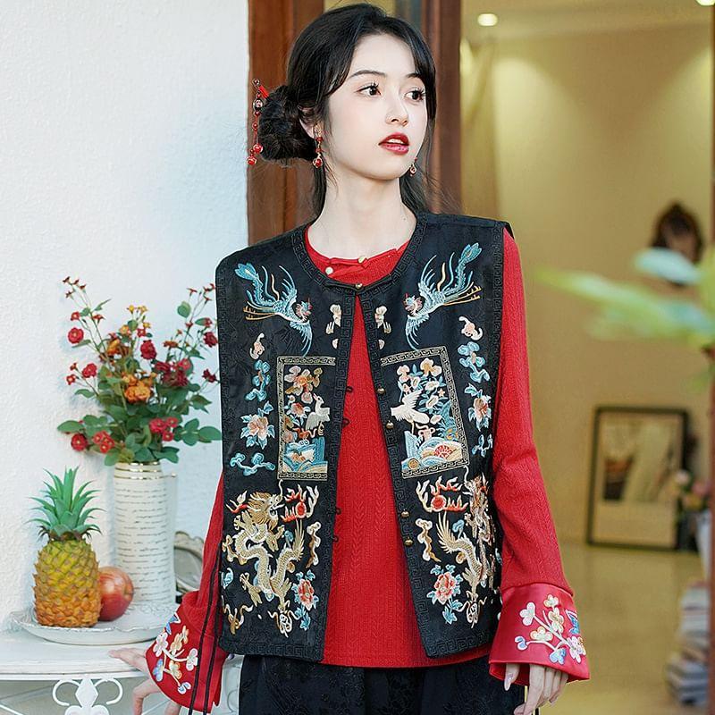 Long-Sleeve Floral Embroidered Faux Pearl Top / High Rise Floral Jacquard Wide Leg Pants / Vest Product Image