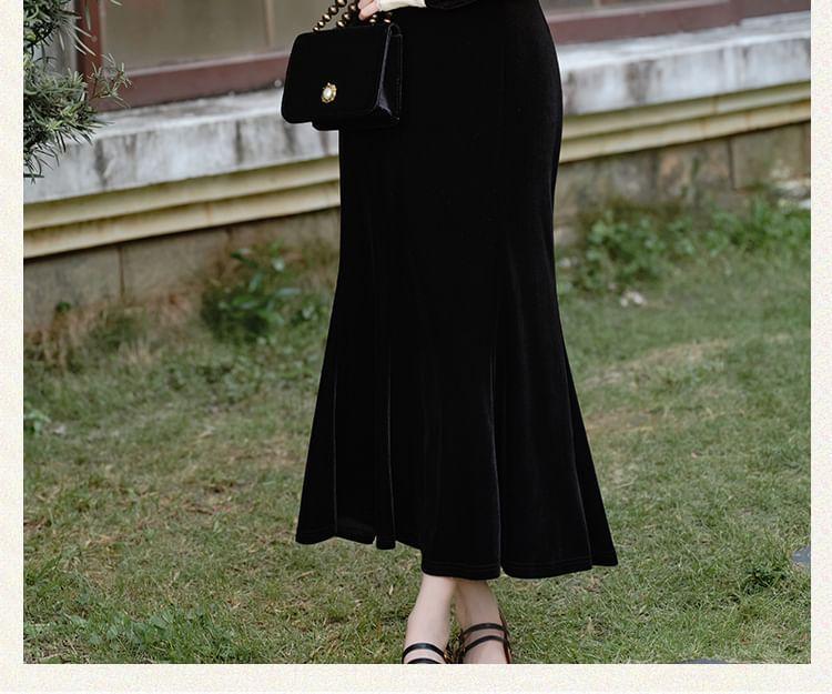 Long-Sleeve Peter Pan Collar Floral Embroidered Velvet Maxi Mermaid Dress Product Image