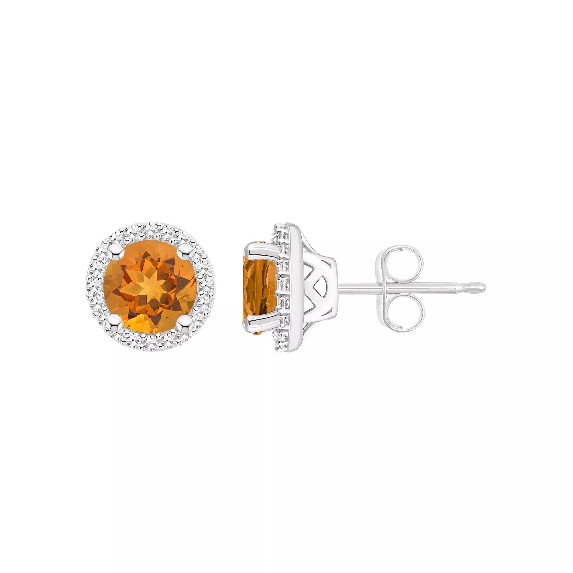 Celebration Gems Sterling Silver Gemstone & 1/5 Carat T.W. Diamond 6mm Halo Stud Earrings, Women's, Citrine Product Image