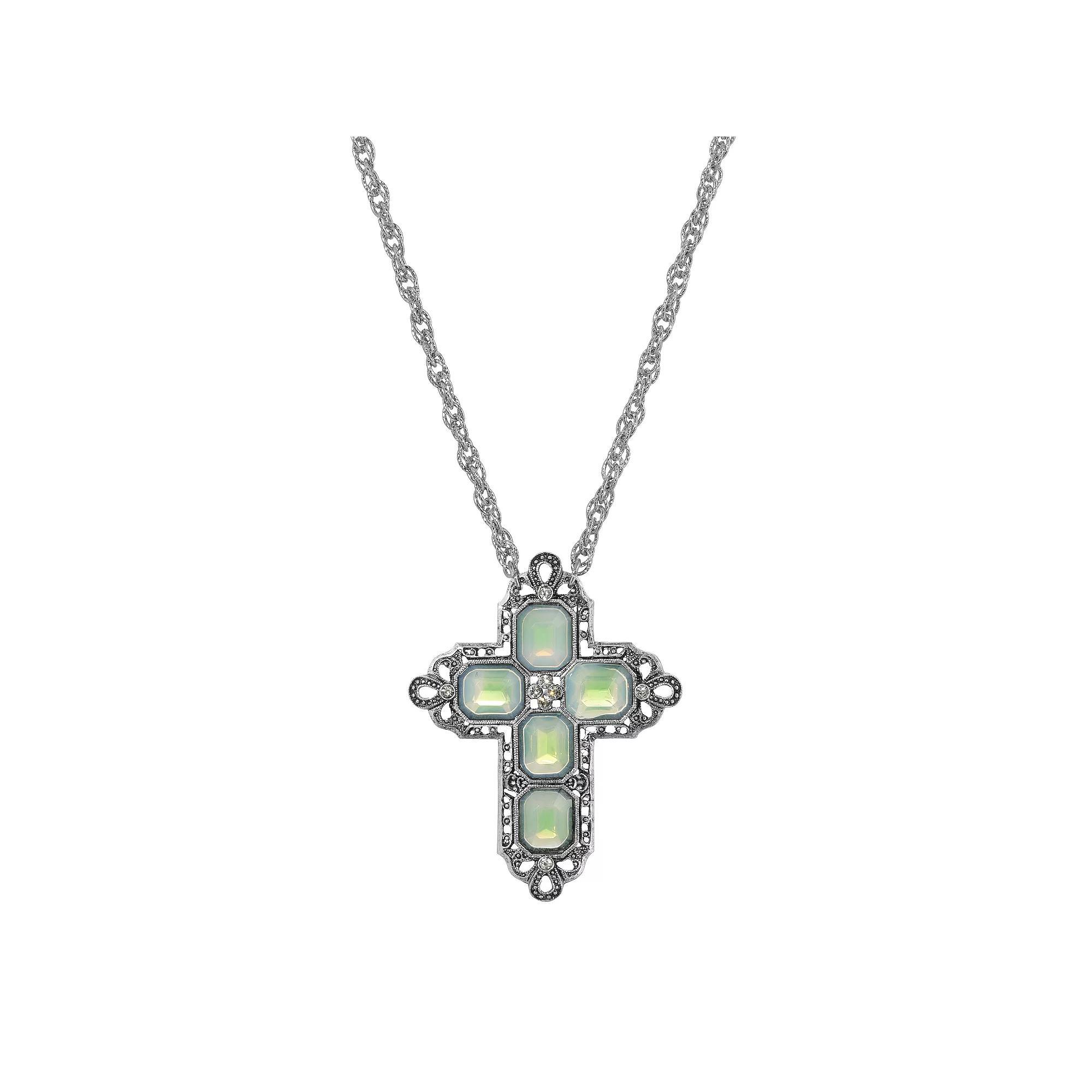 1928 Silver Tone Rectangle Simulated Crystal Cross Chain Necklace, Womens, Blue Product Image