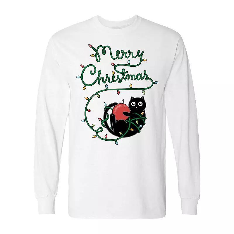 Men's Cat Merry Christmas Long Sleeve Graphic Tee, Size: XXL, White Product Image