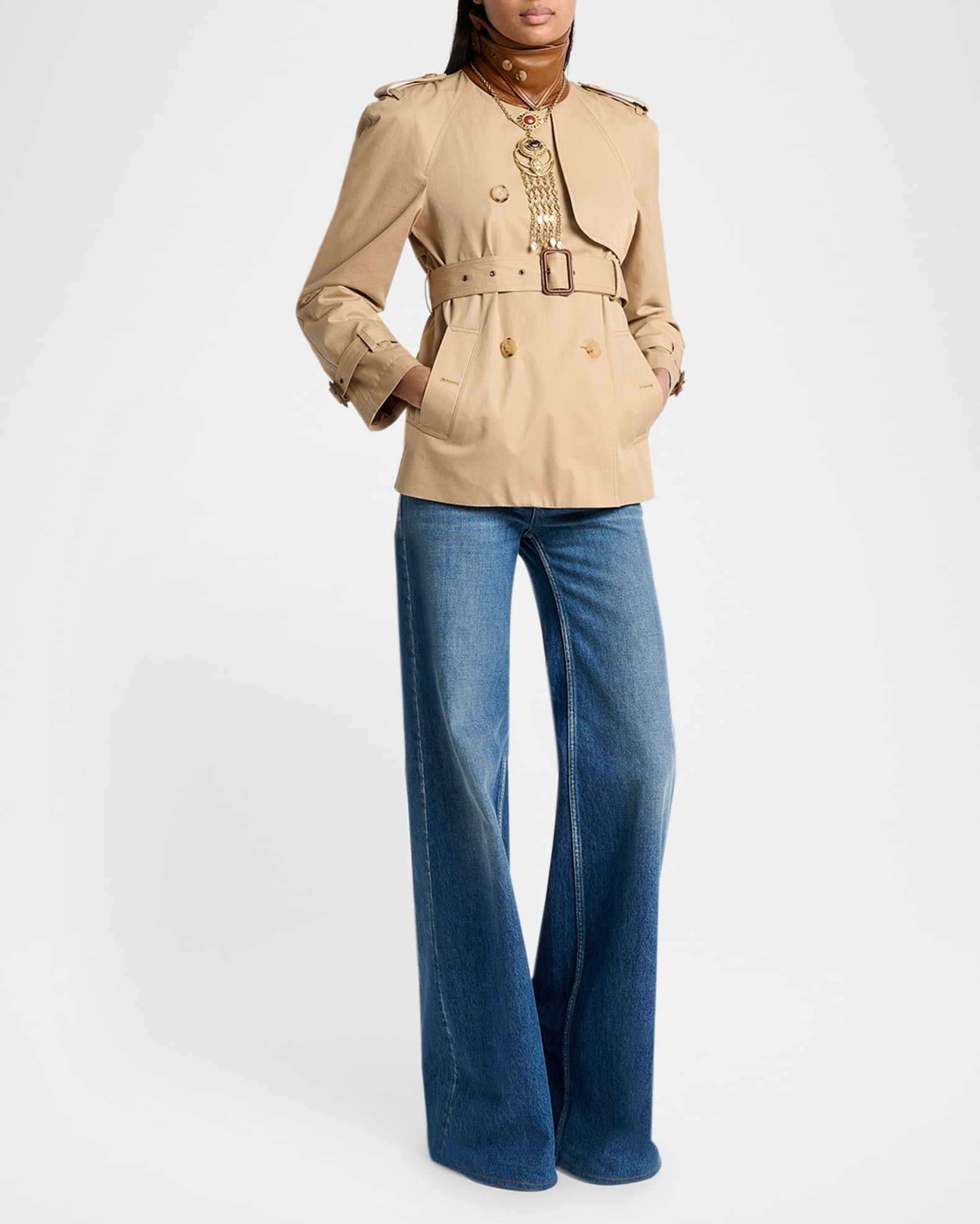 Leather-Collar Double-Breasted Short Trench Coat With Belt Product Image