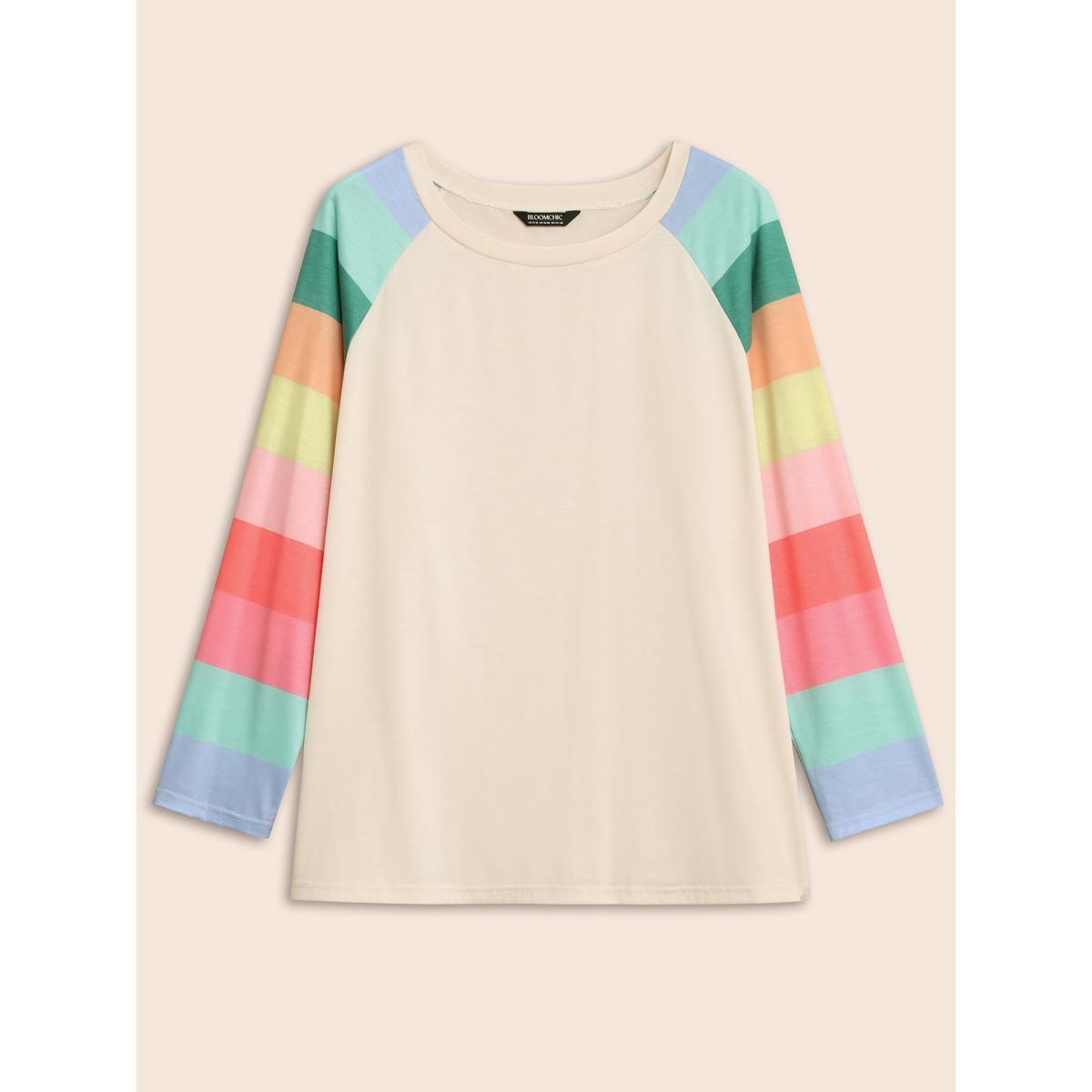 Plus Size Multi-color Striped Sleeves Loose Fit T-shirt Beige Women Casual Contrast Round Neck Everyday T-shirts BloomChic 12/L Product Image