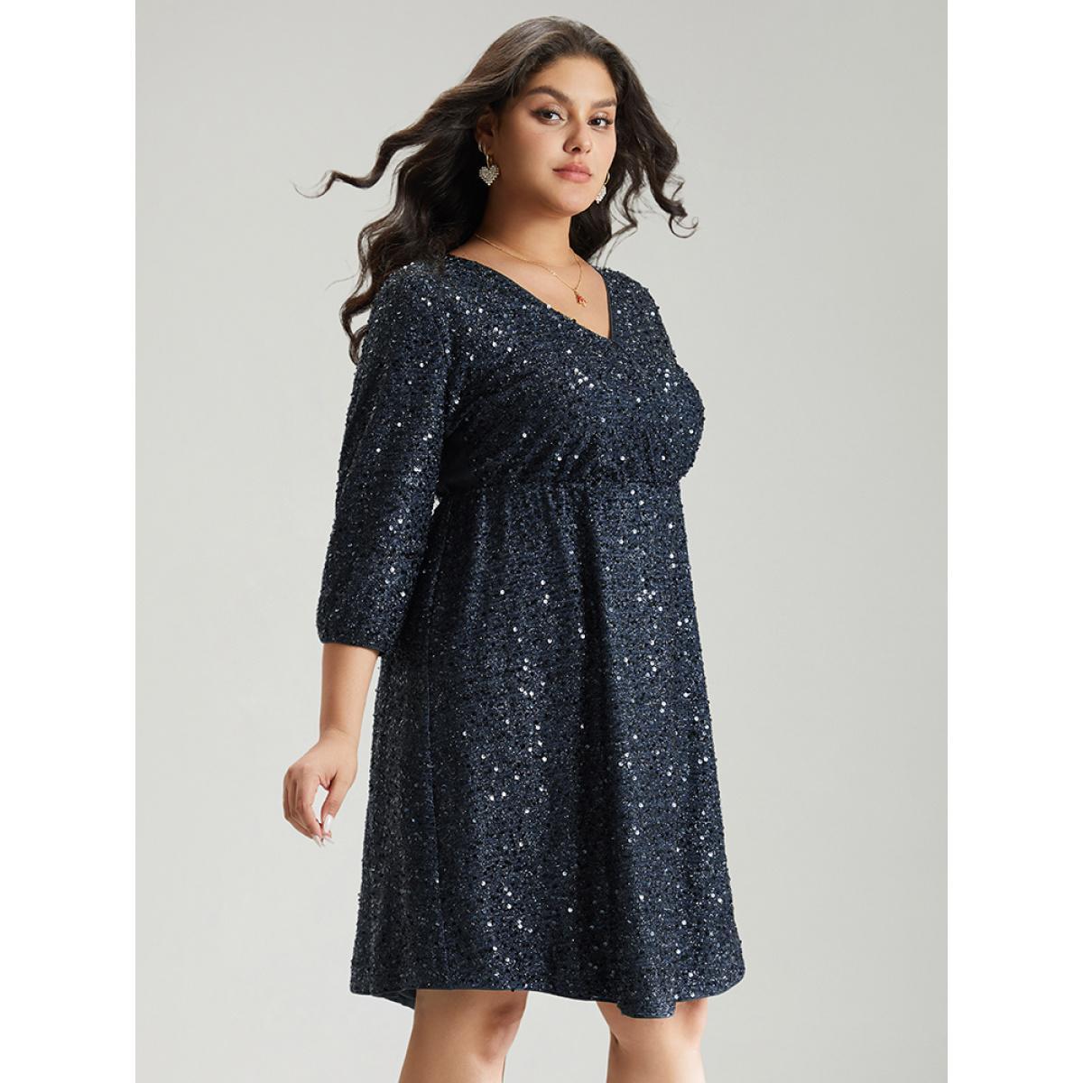 Plus Size Sequin Overlap Collar Elastic Waist Knee Dress DarkBlue Women Cocktail Wrap Overlap Collar Elbow-length sleeve Curvy Knee Dress BloomChic 26/4X Product Image