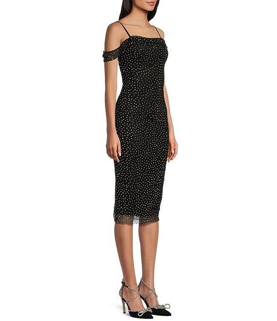Honey and Rosie Adjustable Strap Sleeveless Fitted Mesh Rhinestone Midi Dress Product Image