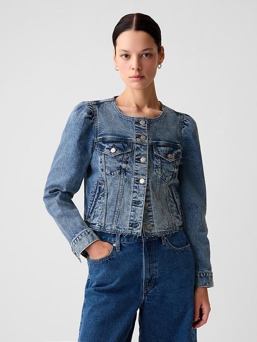 Collarless Cropped Icon Denim Jacket Product Image