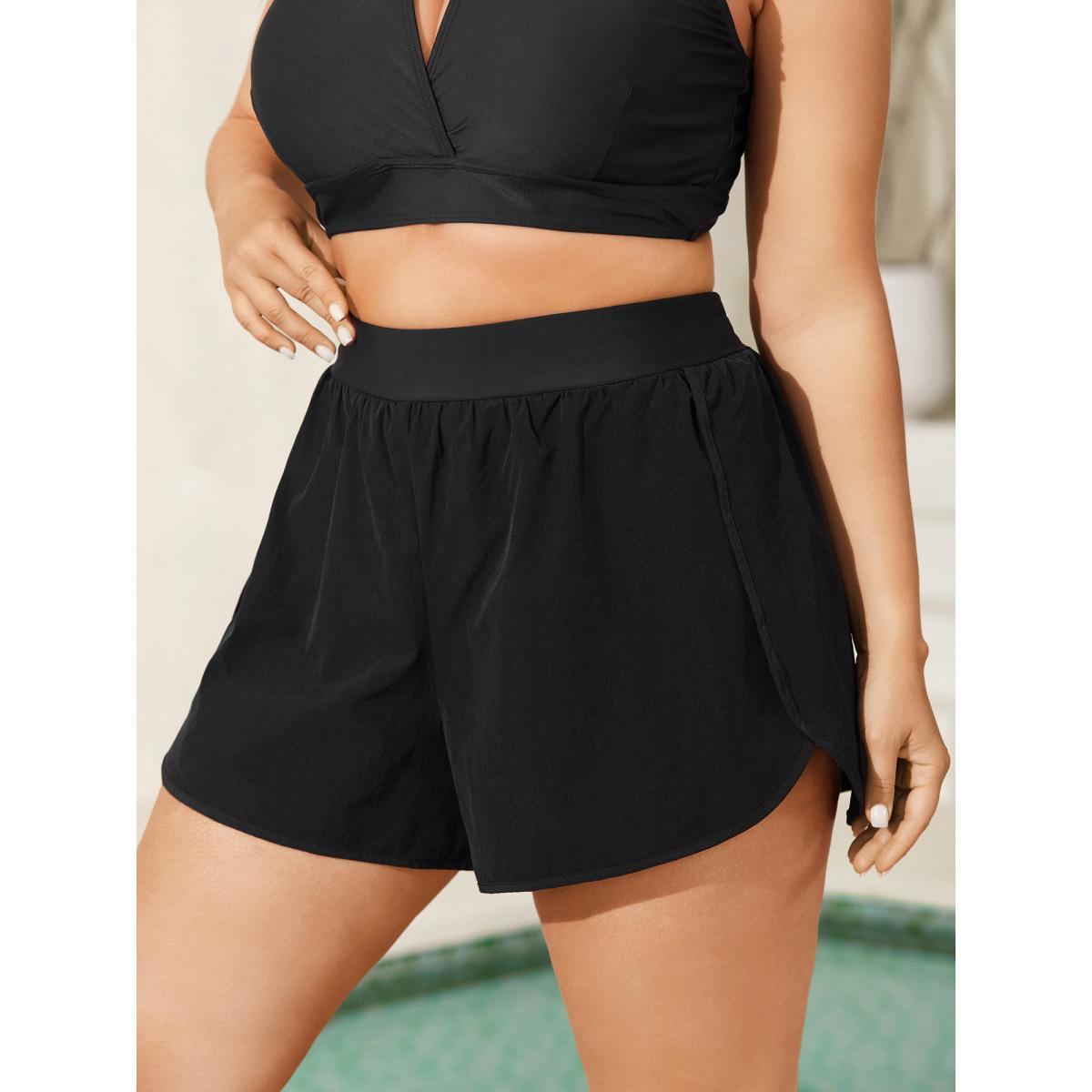 Plus Size Bud-Shape Overlap Hem Swim Bottoms Women's Swimwear Black Resort High stretch Bodycon Mid Rise Curve Swim Bottoms BloomChic 30/6X Product Image