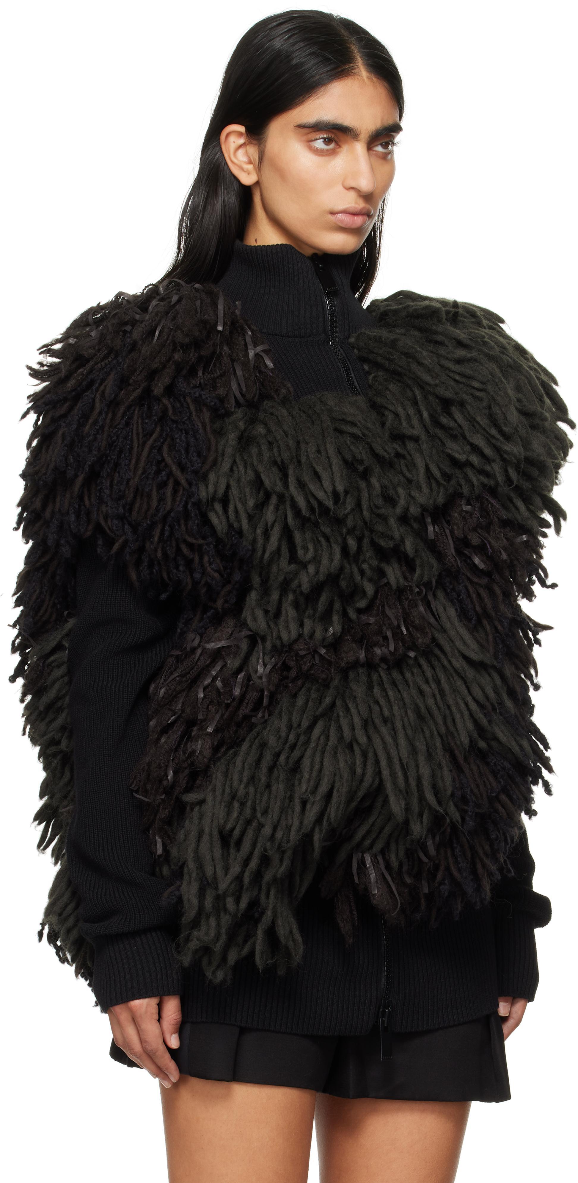 SACAI Zip-up Fringe Knit Jacket In 501 Khaki Product Image