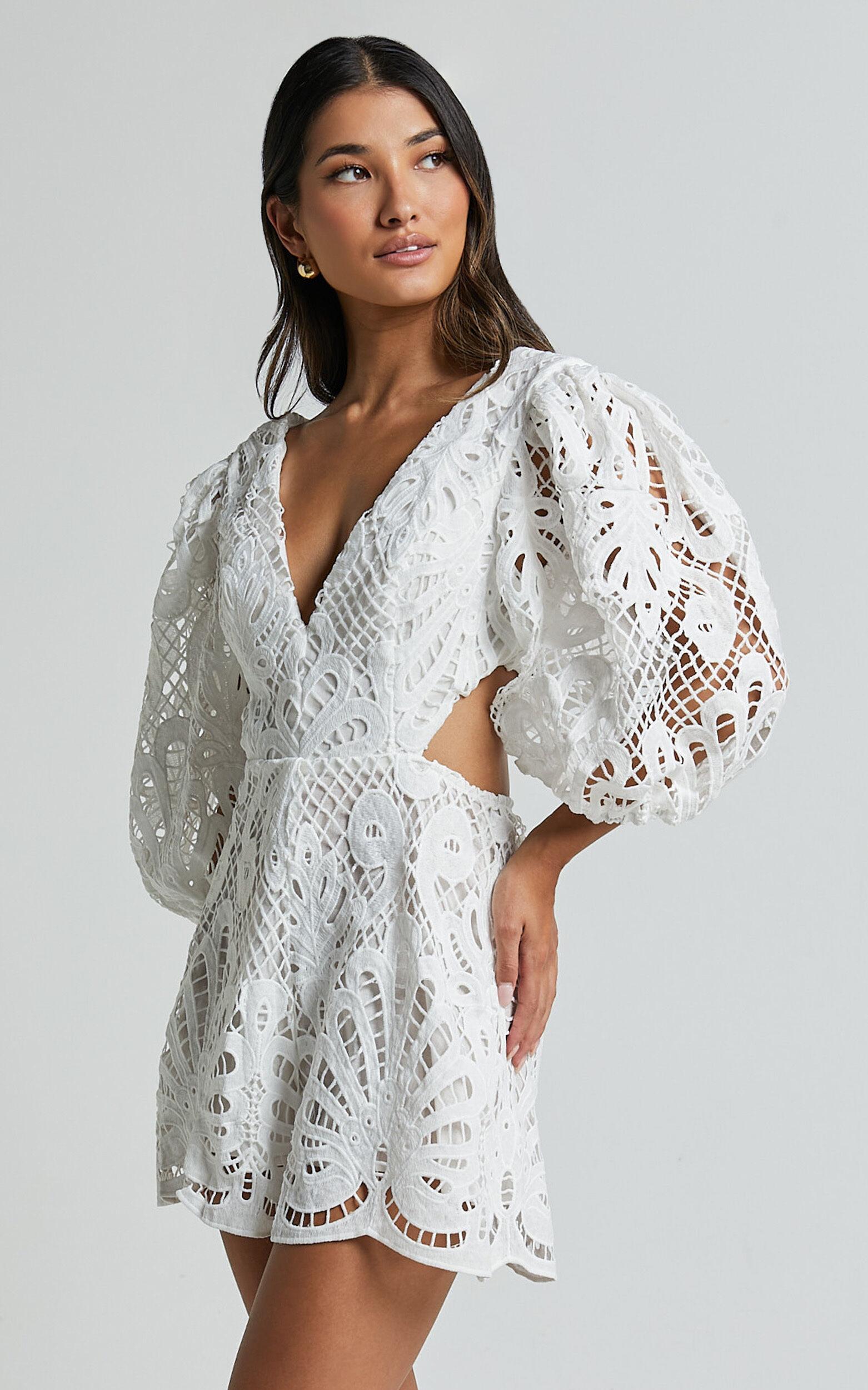 Channing Playsuit - Lace Short Puff Sleeve Playsuit in White Product Image