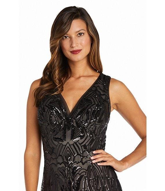 R & M Richards Sleeveless V-Neck Godet Skirt Embellished Long Sequin Dress Product Image