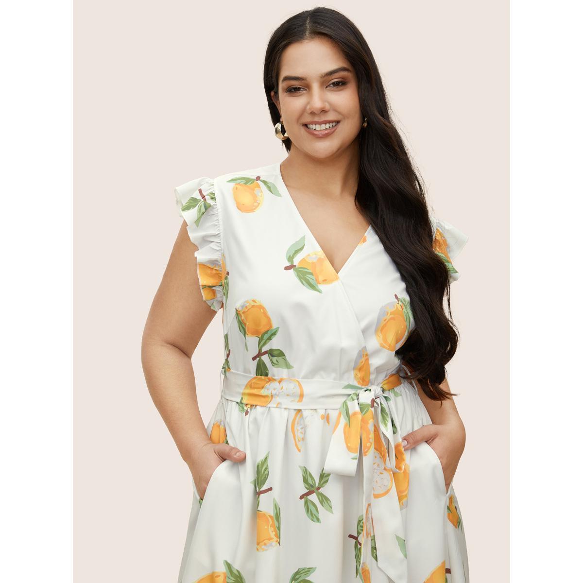Plus Size Citrus Lemon Print Ruffles Patchwork Belted Dress White Women Elegant Overlapping Overlap Collar Cap Sleeve Curvy BloomChic 14-16/1X Product Image