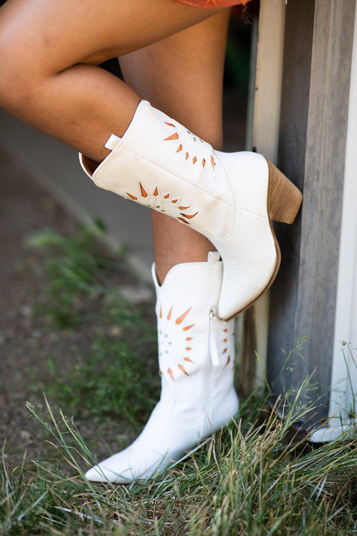 White Laser Cut Sunburst Detail Western Boots Product Image