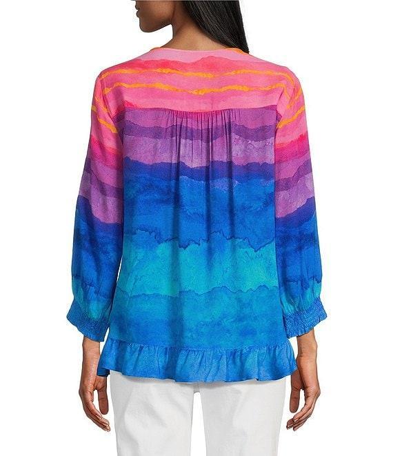 John Mark Embroidered Stripe Watercolor Print Split V-Neck 3/4 Sleeve Hi-Low Hem Tunic Product Image