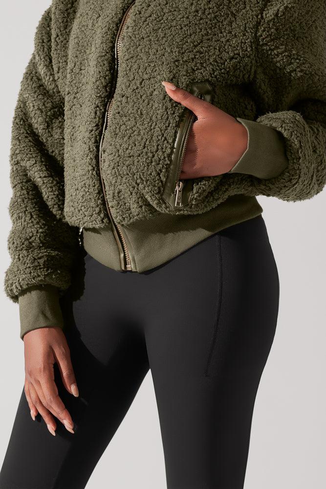 The Kinsley Bomber Jacket in Faux Sherpa - Olive Product Image