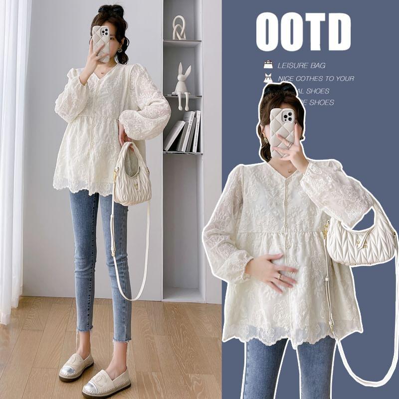 Maternity Long-Sleeve Lace Flowy Blouse Product Image