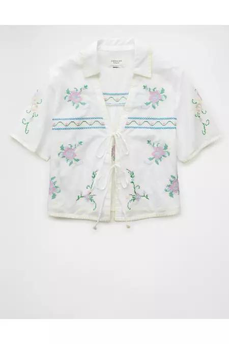 AE Collared Tie Front Embroidered Shirt Women's Product Image