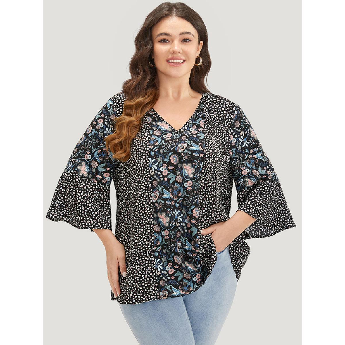 Plus Size BlackFlower Plants Print Patchwork V Neck Bell Sleeve Blouse Women Vacation Elbow-length sleeve V-neck Dailywear Blouses BloomChic 18-20/2X Product Image